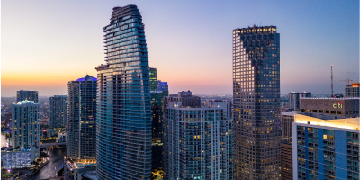 An urban skyline at dusk 