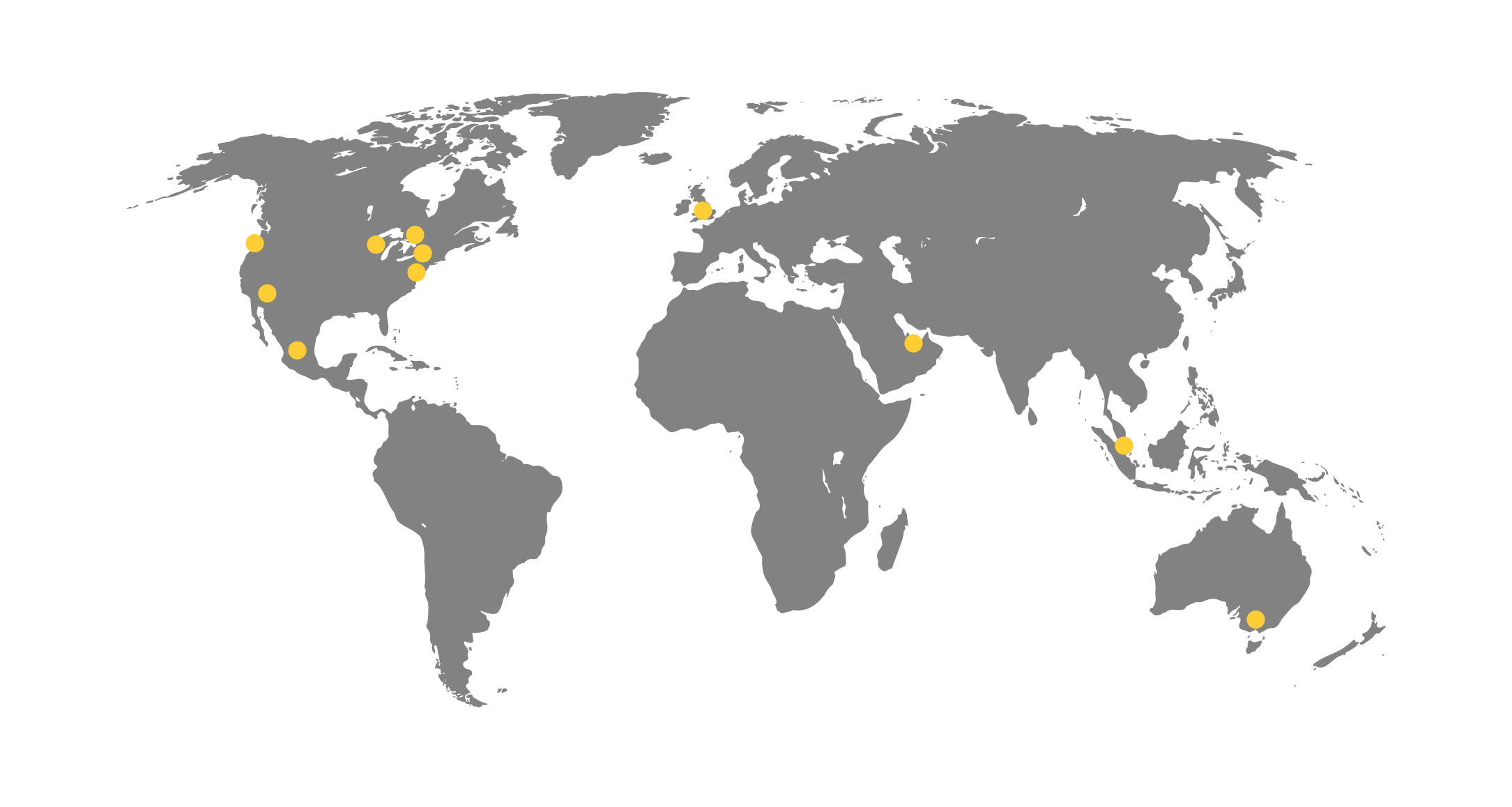 A flat schematic view of the globe with Pliteq locations highlighted 