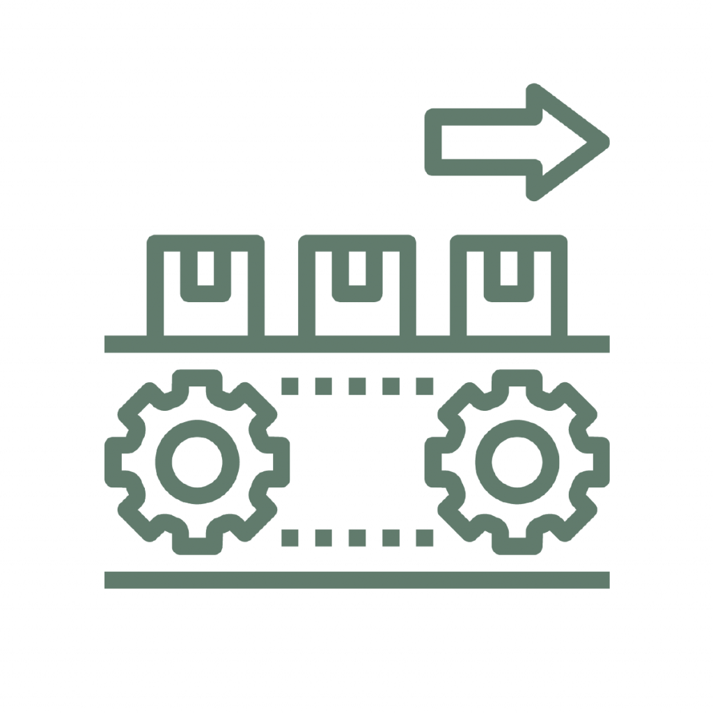 illustration representing responsible consumption and production showing boxes on a conveyer belt with a set of 2 gears indicating is going forward with an arrow pointing to the right side
